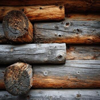 A close up of a log wall with many logs photo