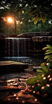 A waterfall in the woods with a stream and leaves photo