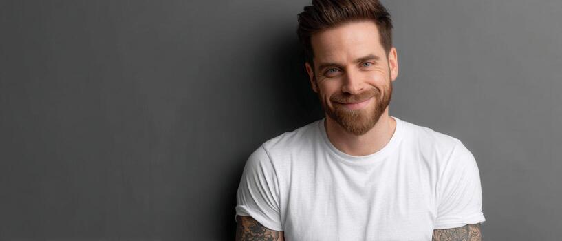 A man with a beard and tattoos is smiling photo