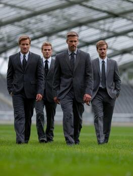 Four men in suits walking on a field photo