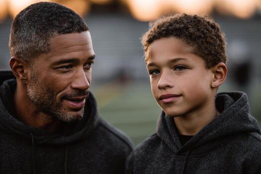 A man and a boy are standing on a football field photo