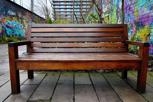 A bench sitting in front of a wall with graffiti on it photo