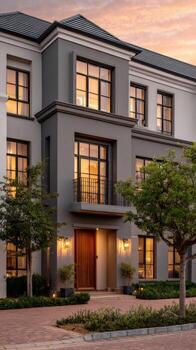 A modern home with a large driveway and a large front yard photo