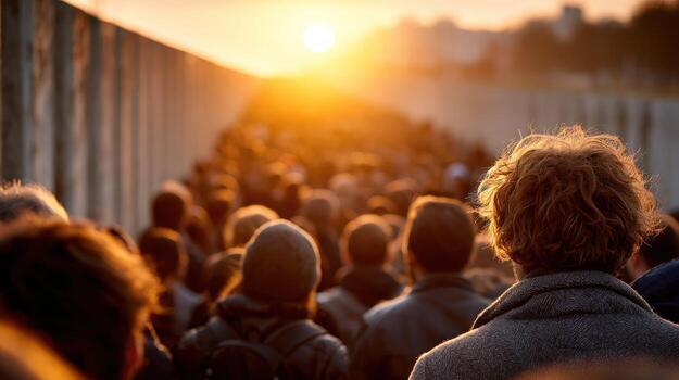 A crowd of people standing in front of a wall photo