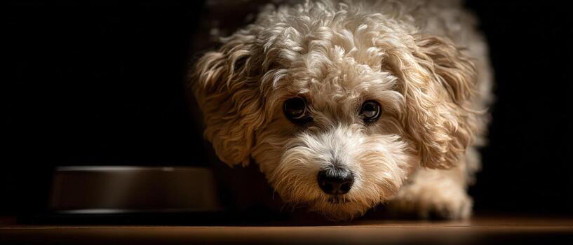 A dog is looking at a bowl on the floor photo