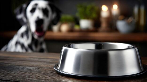 A dalmatian dog is looking at a dog bowl on a table photo