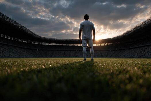 A soccer player standing on the field at sunset photo