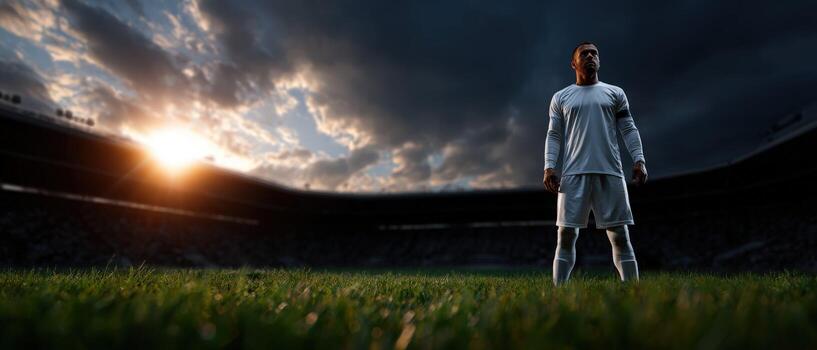 A soccer player standing on a field with the sun setting photo