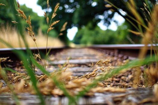 A railroad track with grass growing on it photo