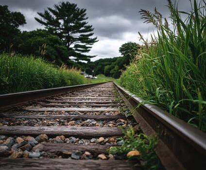 A railroad track is shown in the middle of a field photo