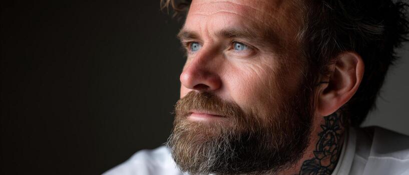 A man with a beard and tattoos looking off to the side photo