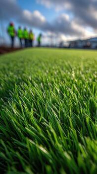 Artificial grass field with construction workers photo