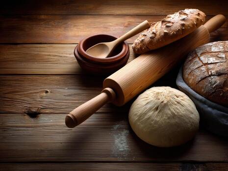 Bread and rolling pin on wooden table photo