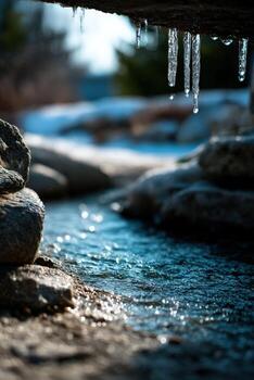 Icicles hanging from a rock over a stream photo