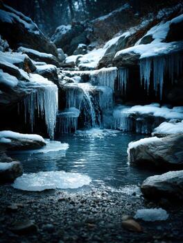 A frozen stream with icicles hanging from the rocks photo