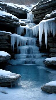 A waterfall is surrounded by ice and snow photo