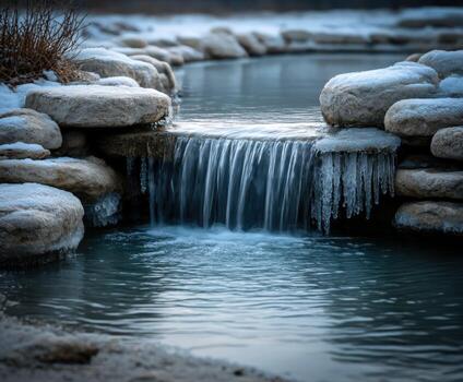 A waterfall flowing through a frozen pond photo