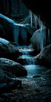 A stream with icicles hanging from the rocks photo