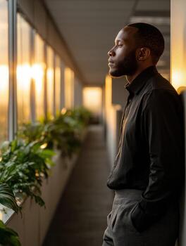 A man standing in an office building looking out a window photo