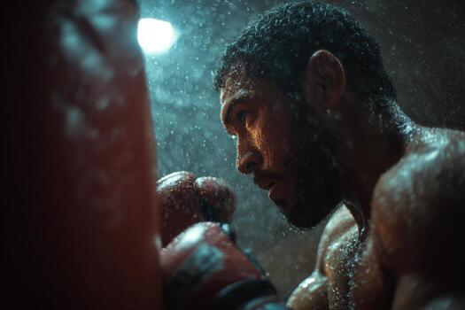 A man in the rain with boxing gloves photo