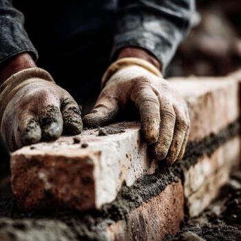 A bricklayer's hands are working on a brick photo