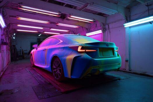 A car is painted in bright colors in a garage photo