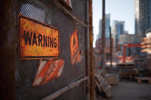 A warning sign on a fence in front of construction equipment photo