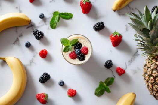 A smoothie with bananas, berries and a pineapple photo