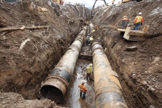 Workers are working on a pipe in the ground photo
