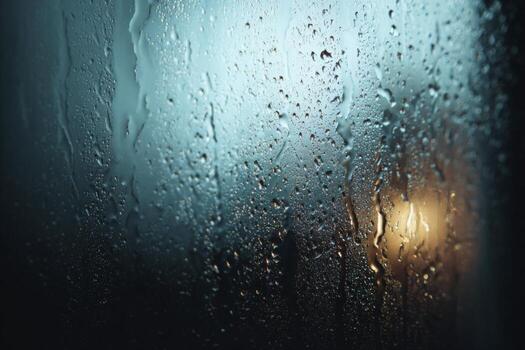 Rain drops on a window glass with a light shining through photo
