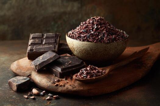 Chocolate and cocoa powder in a bowl on a wooden table photo
