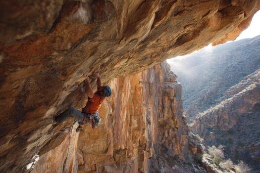 A rock climber is climbing up a steep cliff photo