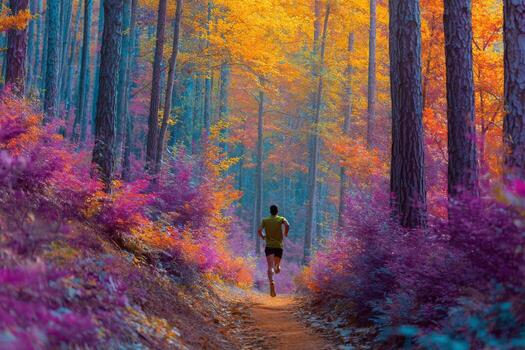 A man running through a forest with colorful trees photo