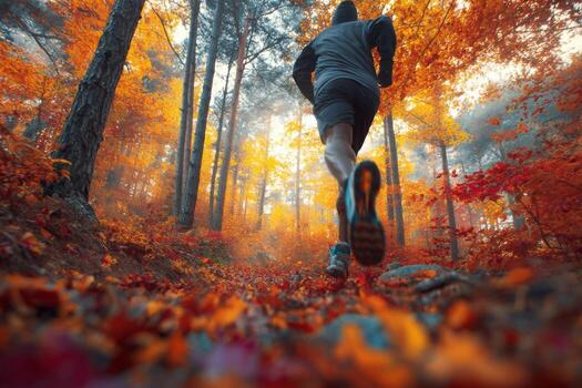A man running through the woods in the fall photo