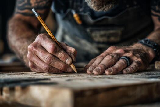 A man with tattoos is working on a piece of wood photo