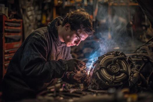 A man working on an engine in a garage photo
