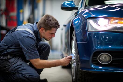 A man is fixing a car tire in a garage photo
