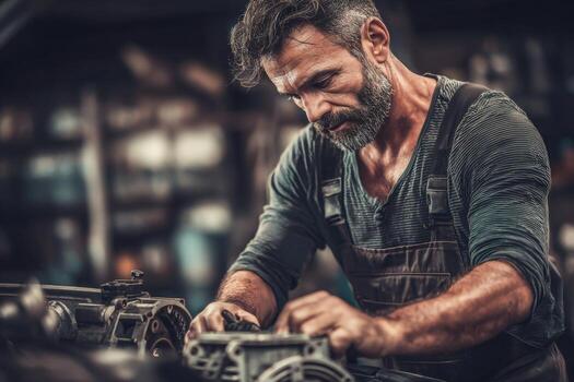 A man working on a car engine in a garage photo