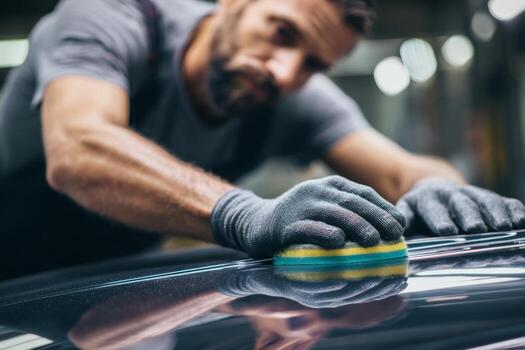 A man polishing a car with a sponge photo