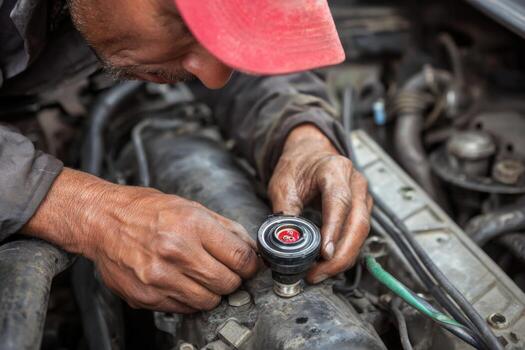 A man is fixing a car engine with a red button photo