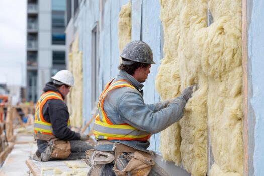 Two men working on a wall with insulation photo