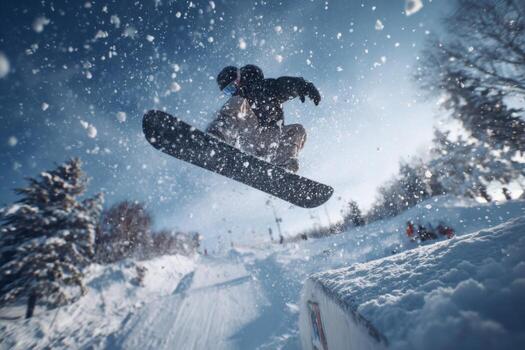 A snowboarder in the air on a snowy slope photo
