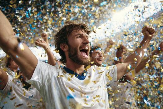 A man celebrating with confetti in front of a crowd photo