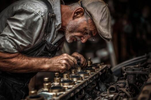 An old man working on an engine photo