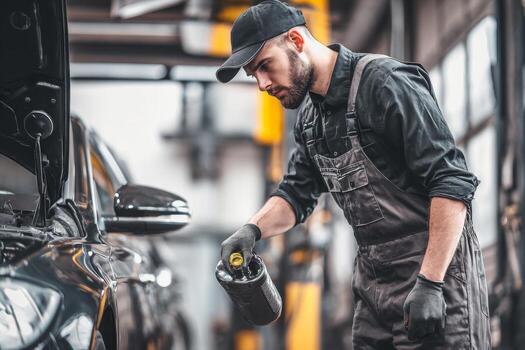 A man in overalls is filling up a car with oil photo