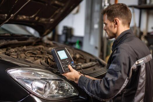 A man is using a digital device to check the engine of a car photo