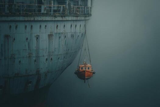 A boat is being lifted by a crane in the fog photo