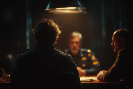 Two men sitting at a table in a dark room photo
