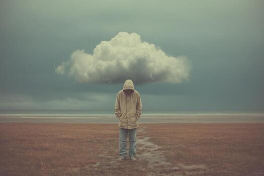 A man standing in the middle of a field with a cloud over his head photo