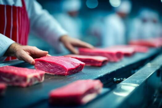 Meat is being cut on a conveyor belt in a factory photo